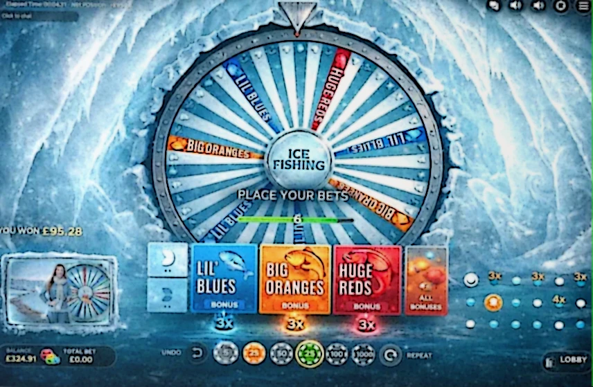 Τροχός Ice Fishing της Evolution Gaming με κατανομή Leaf και bonus τμημάτων σε ψηφιακό live περιβάλλον